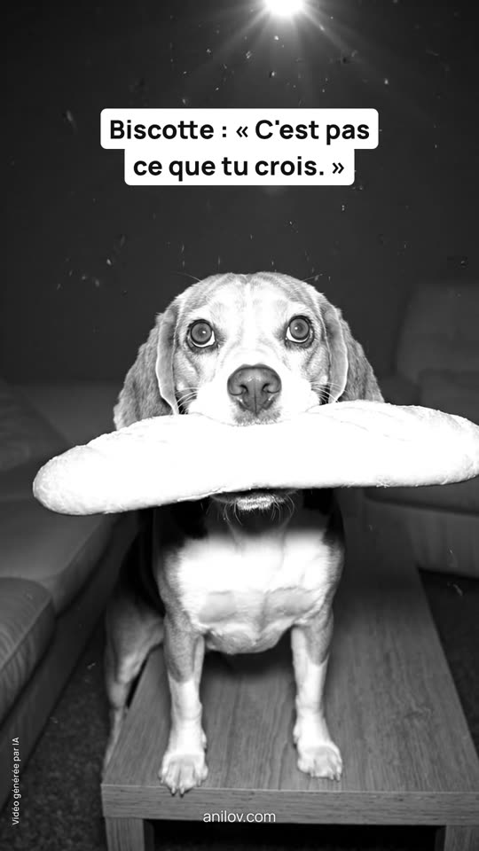 Biscotte, beagle pris en flagrant délit avec une baguette
