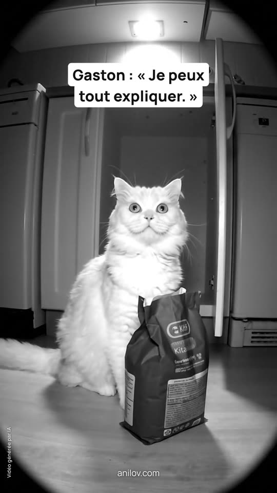 Gaston, chat blanc surpris devant un paquet de croquettes