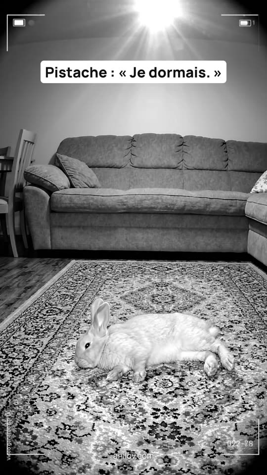 Pistache, lapin qui fait semblant de dormir sur le tapis